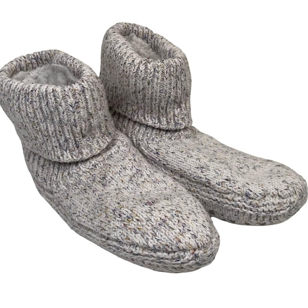 Lemon Knit Slipper Booties Women Grey Marled Faux Fur Lined Gripper Sole